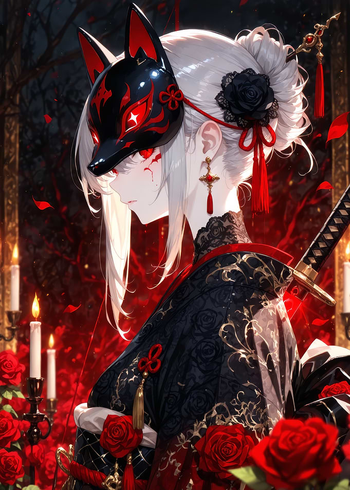 Anime Girl with Kitsune Mask