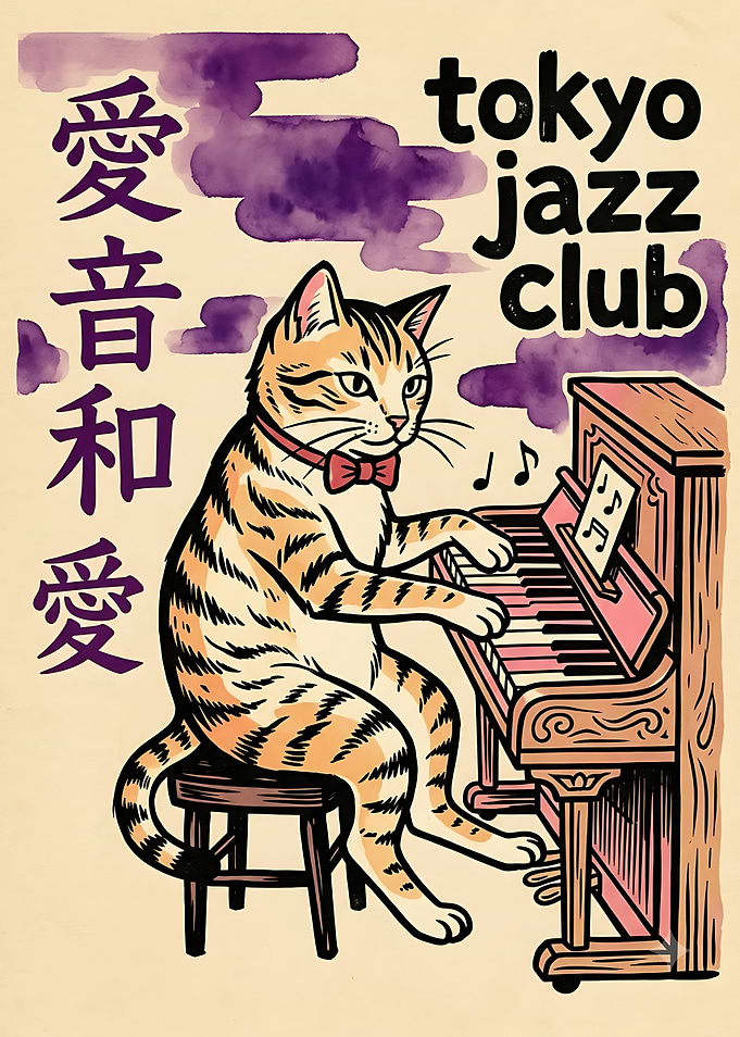 Tokyo Jazz Club Cat Piano Poster