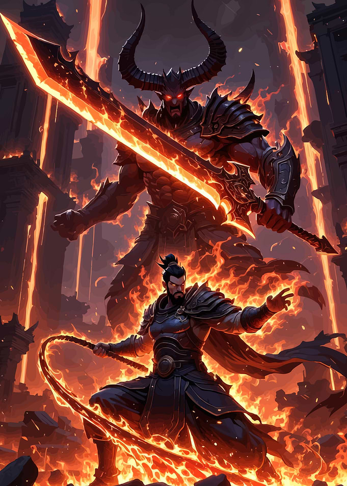 Warrior Facing a Fiery Demon