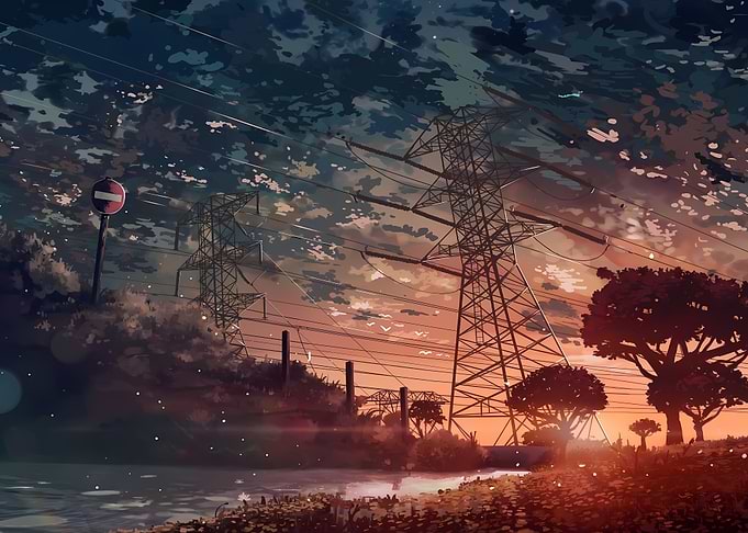 Anime Style Sunset Power Lines Landscape