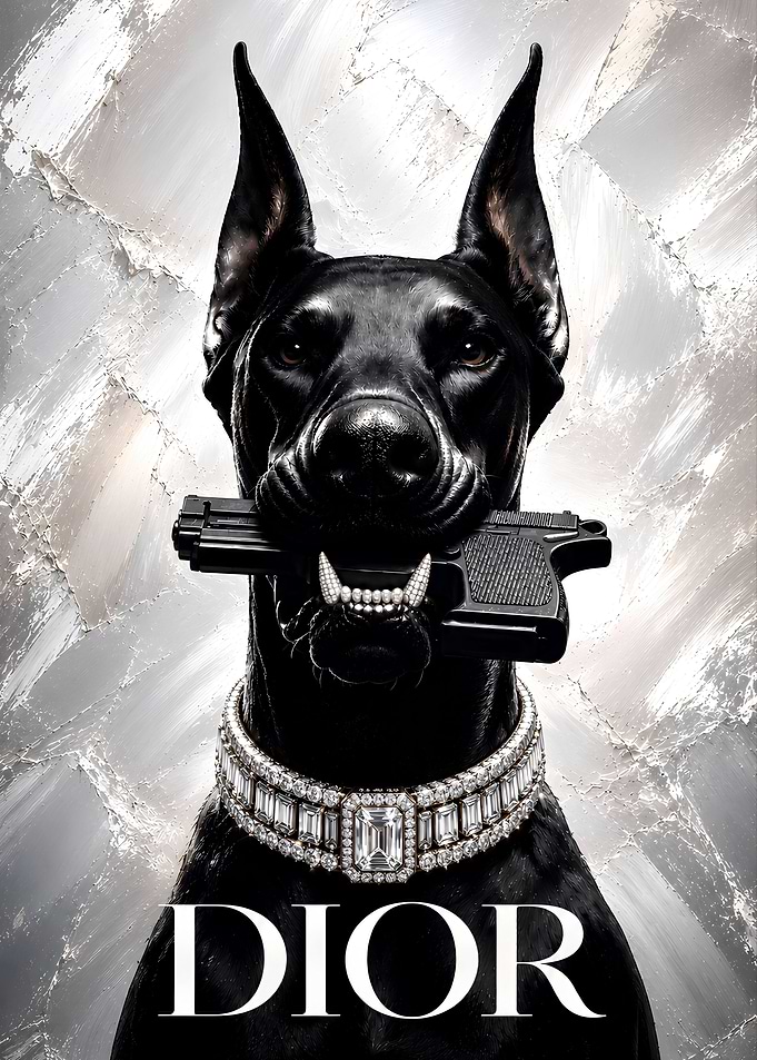 Doberman with Diamond Collar and Gun