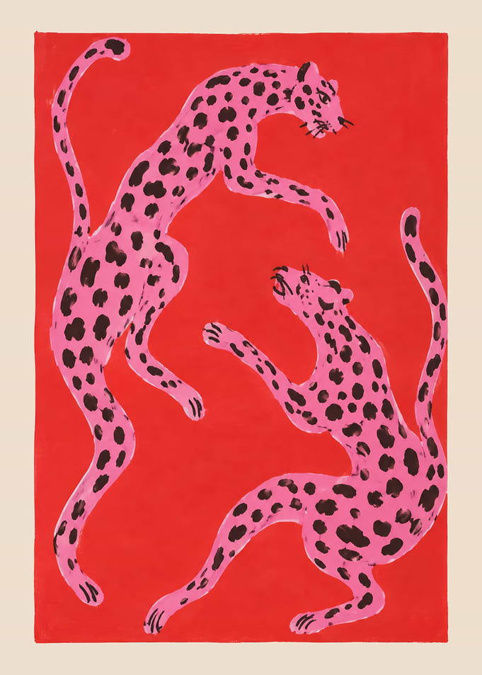 Pink Leopards on Red Background