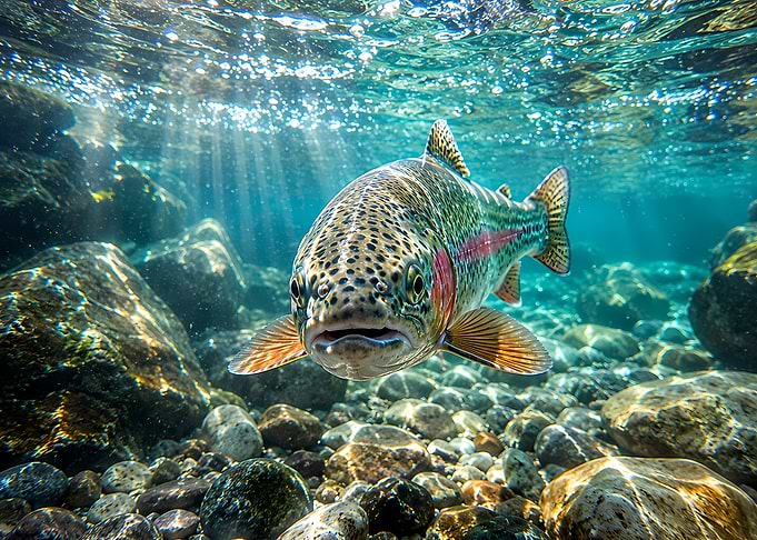 Rainbow Trout Swimming in Clear Stream