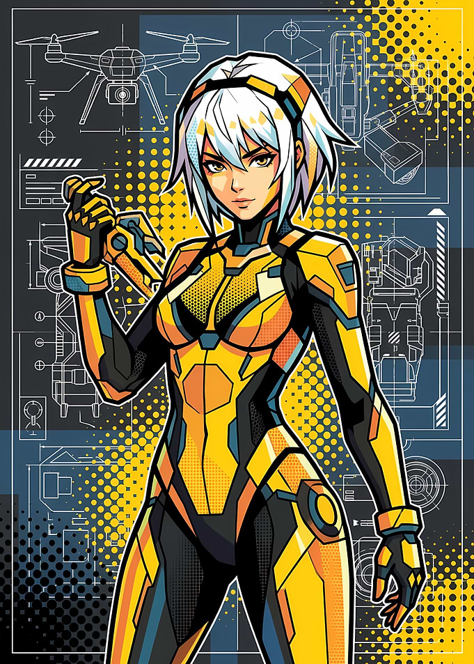 Futuristic Anime Pilot with Drone Blueprints