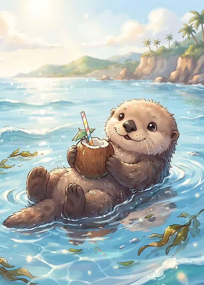 Cute Otter Drinking Coconut on Beach