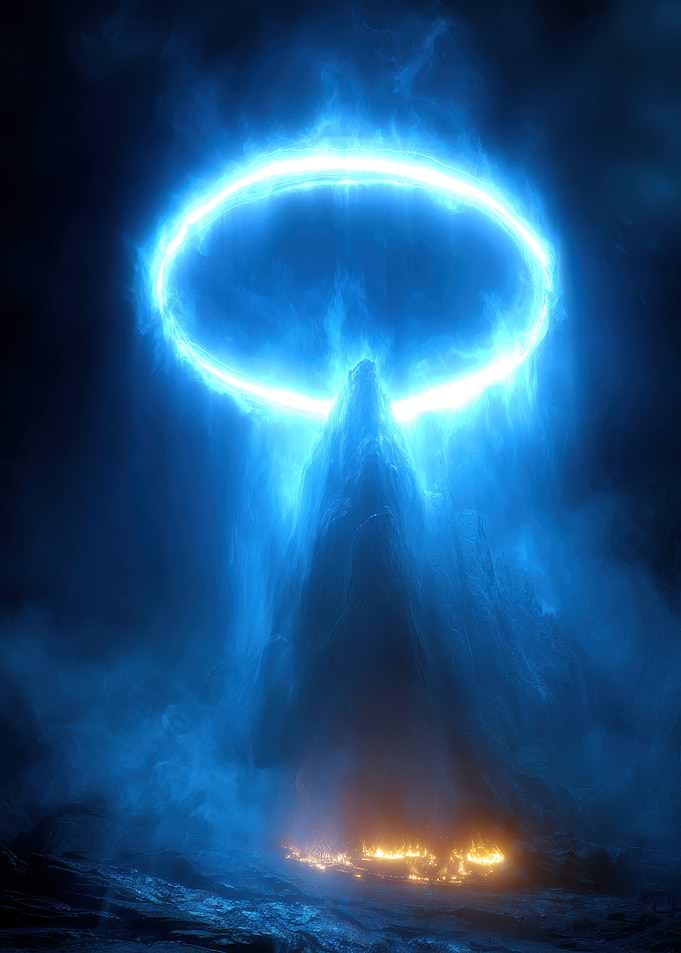 Glowing Blue Portal Above Mountain Peak