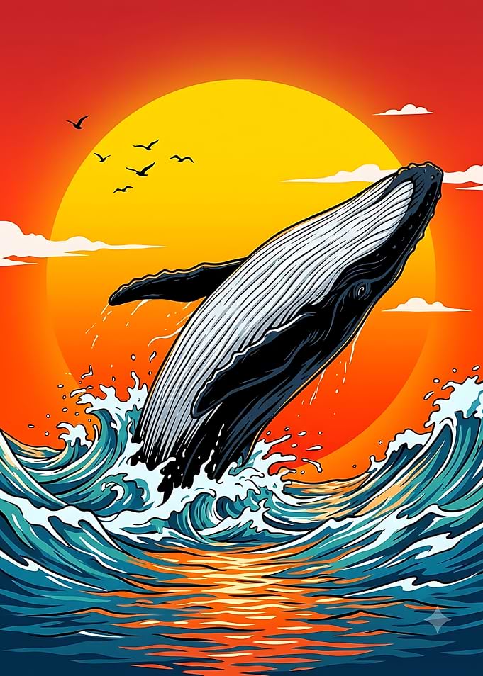 Humpback Whale Breaching at Sunset