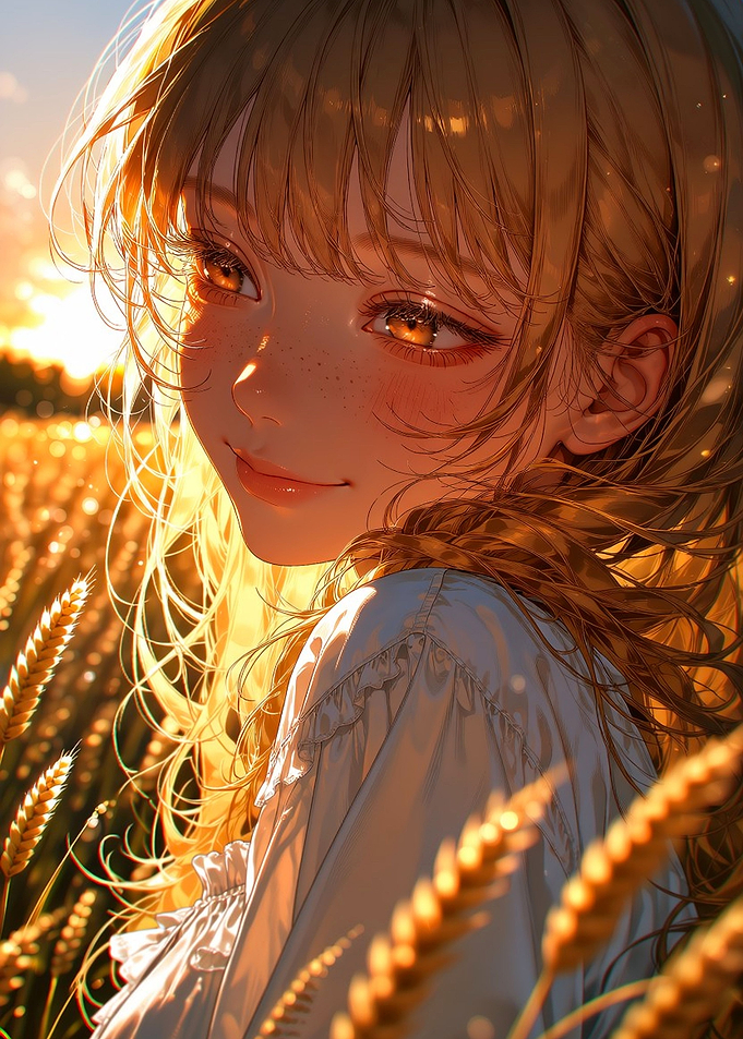 Anime Girl in Golden Wheat Field