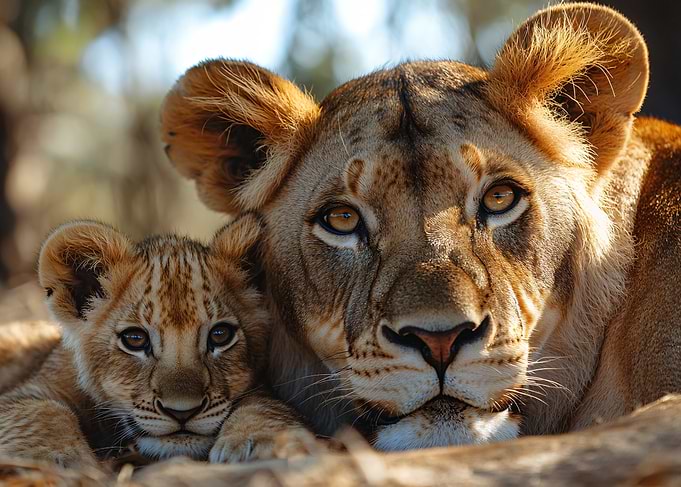 Lioness and Cub Resting Together