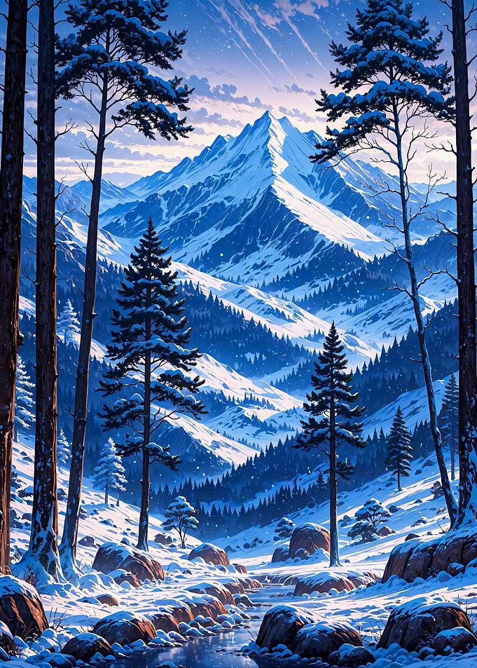 Fantasy Snowy Mountain Valley Landscape