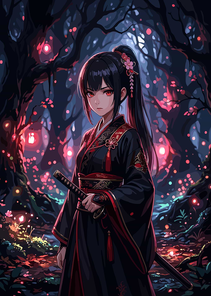 Anime Girl with Katana in Forest