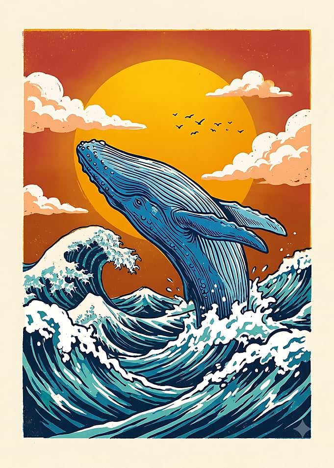 Humpback Whale Jumping at Sunset