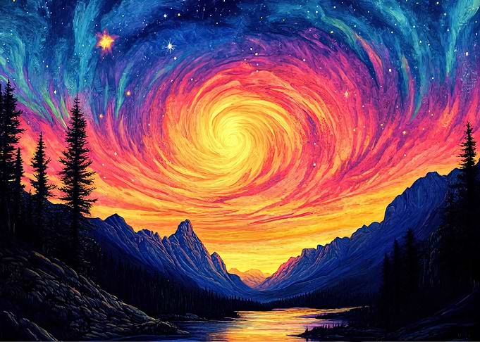 Swirling Cosmic Sky Over Mountains