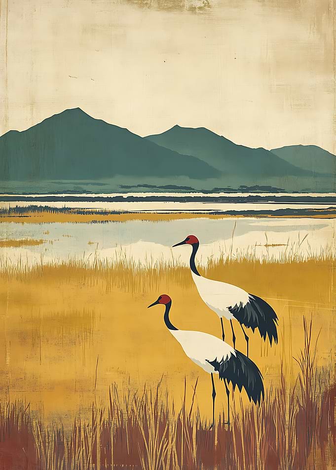 Red-Crowned Cranes in Golden Marsh