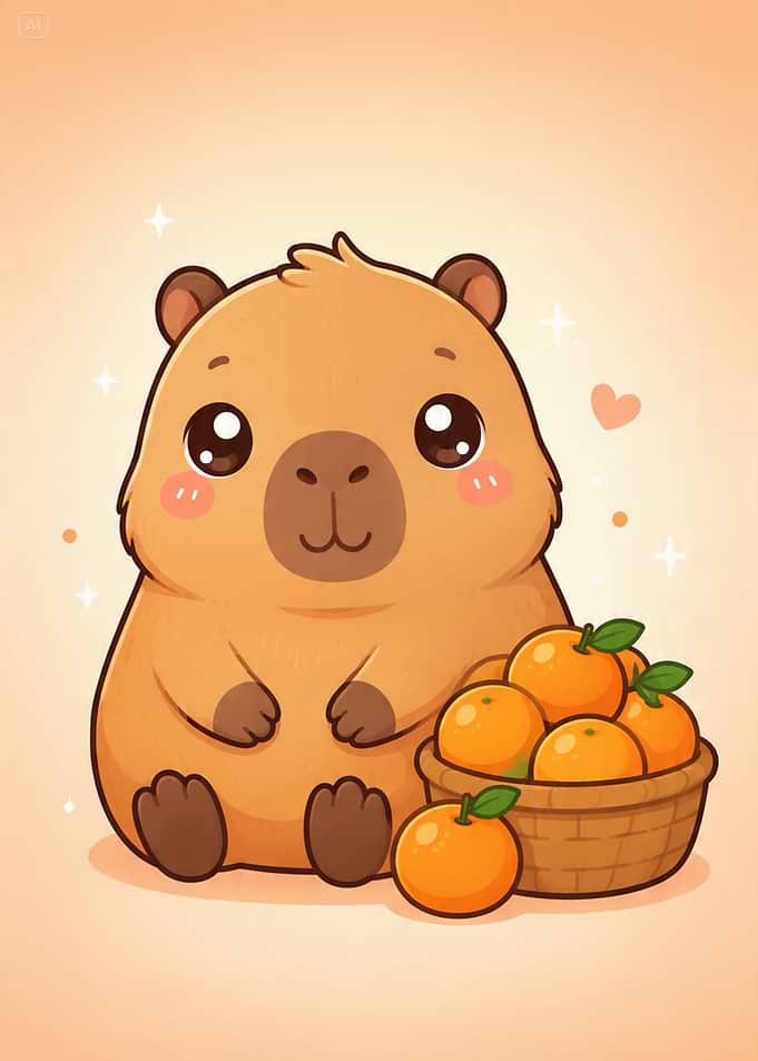 Cute Capybara with Oranges