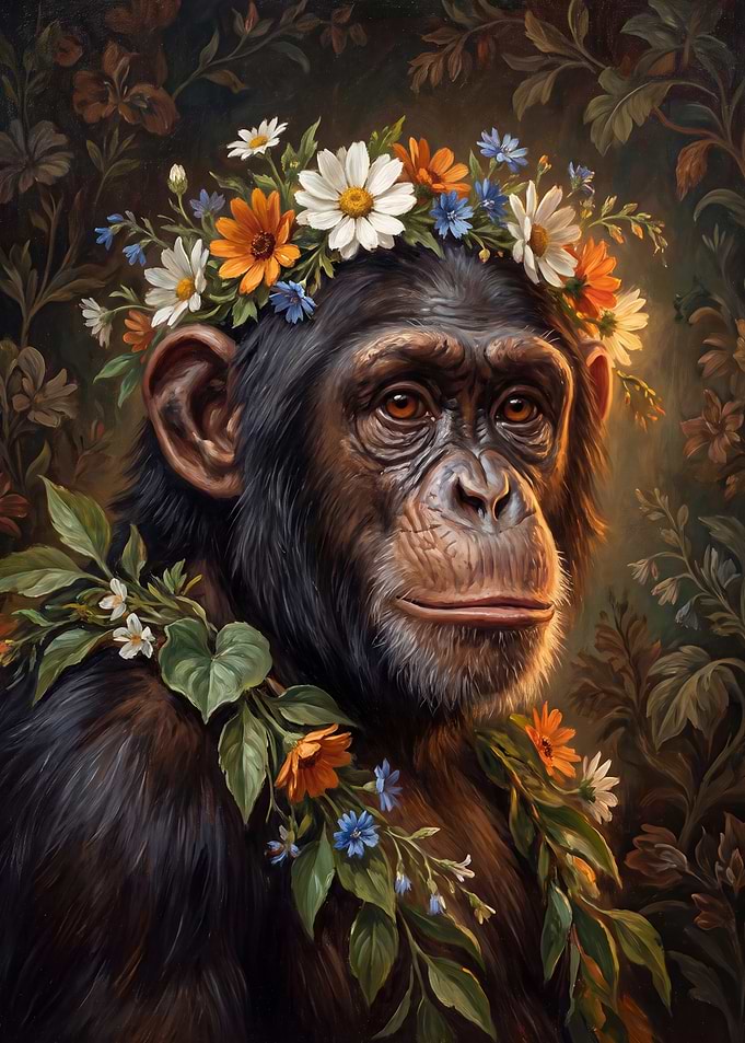 Chimpanzee Wearing a Floral Crown