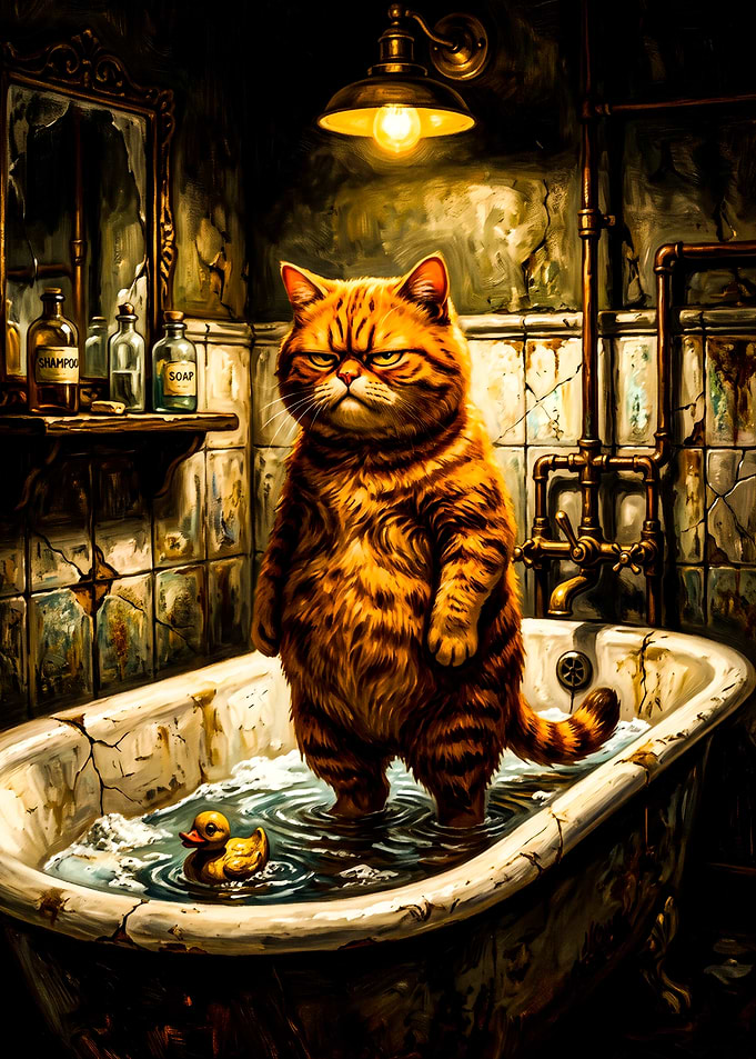 Grumpy Orange Cat in Bathtub
