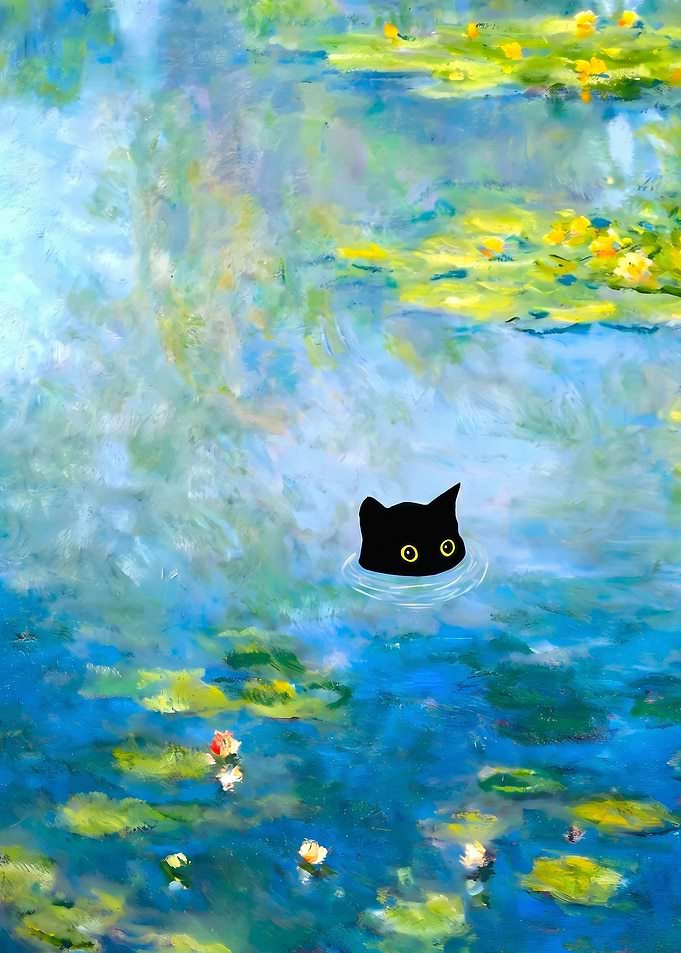Black Cat in Water Lilies Pond