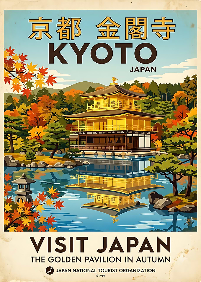 Vintage Kyoto Golden Pavilion Travel Poster