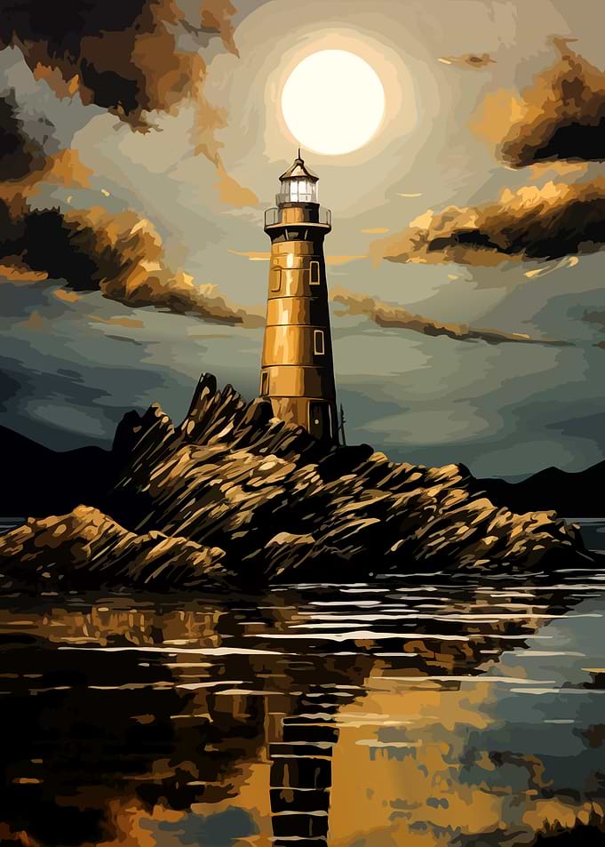 Lighthouse on Rocky Island at Night