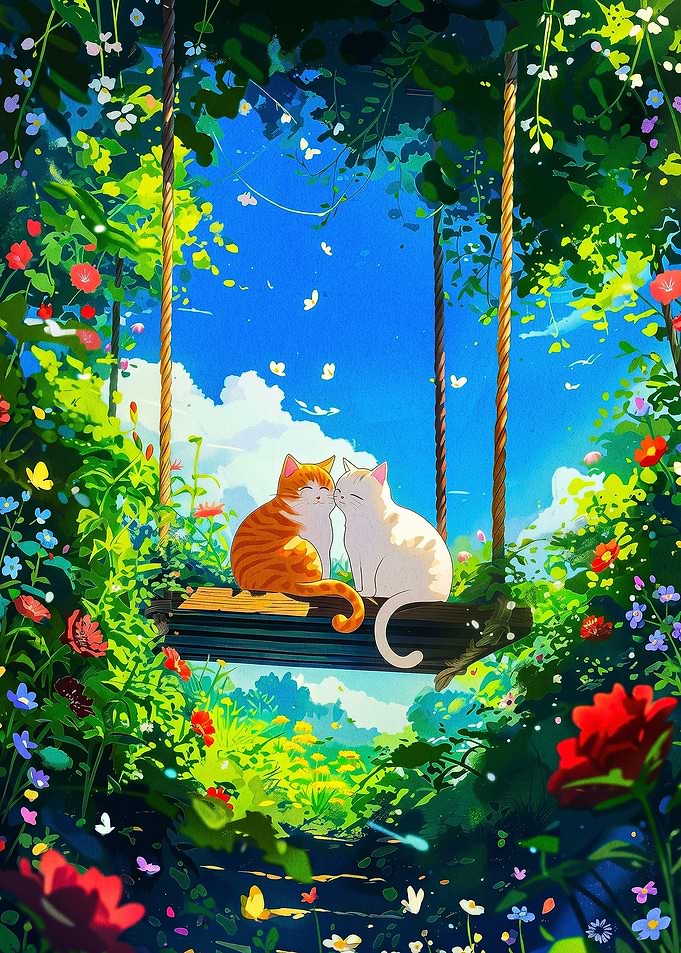 Two Cats on a Garden Swing