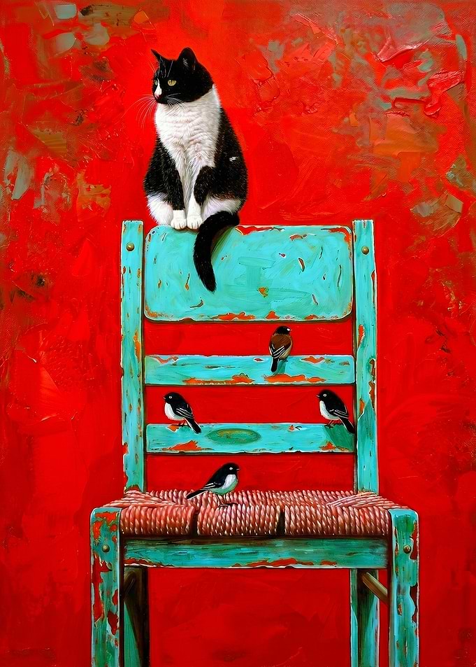 Cat and Birds on Turquoise Chair