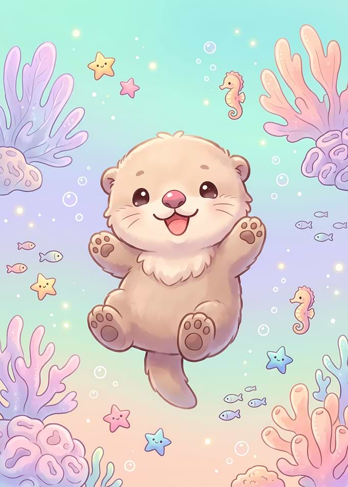 Cute Cartoon Otter Underwater Scene