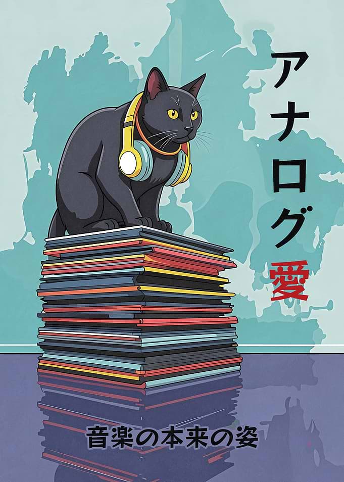 Black Cat Listening to Vinyl Records