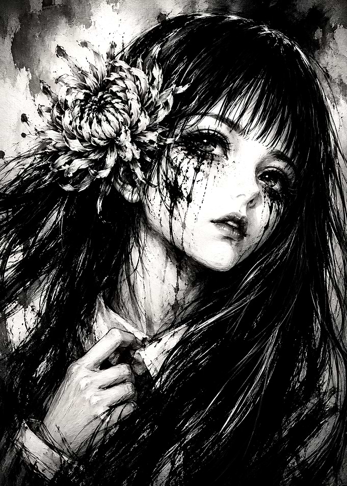 Melancholic Anime Girl with Flower