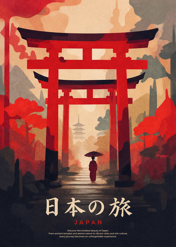 Japan Travel Poster with Torii Gate