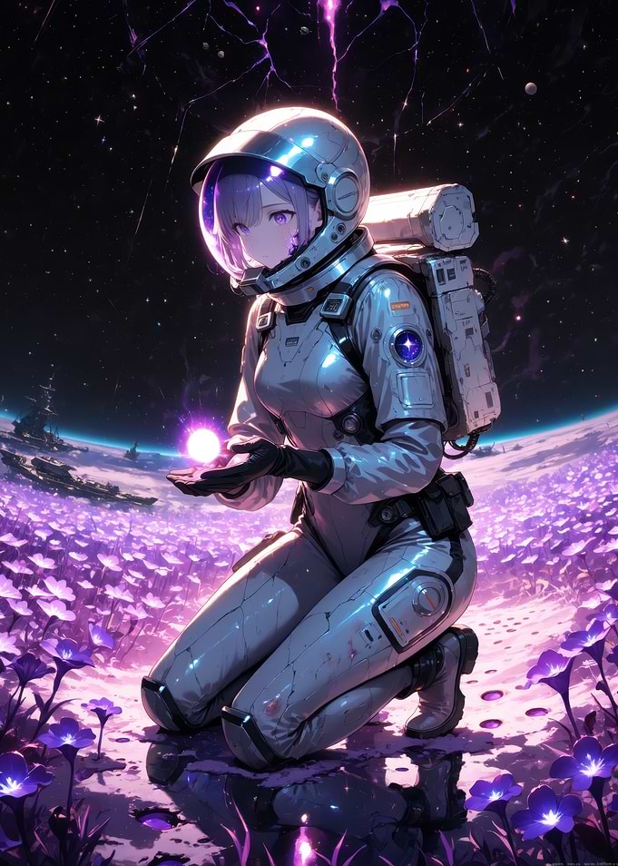 Astronaut in a Purple Flower Field