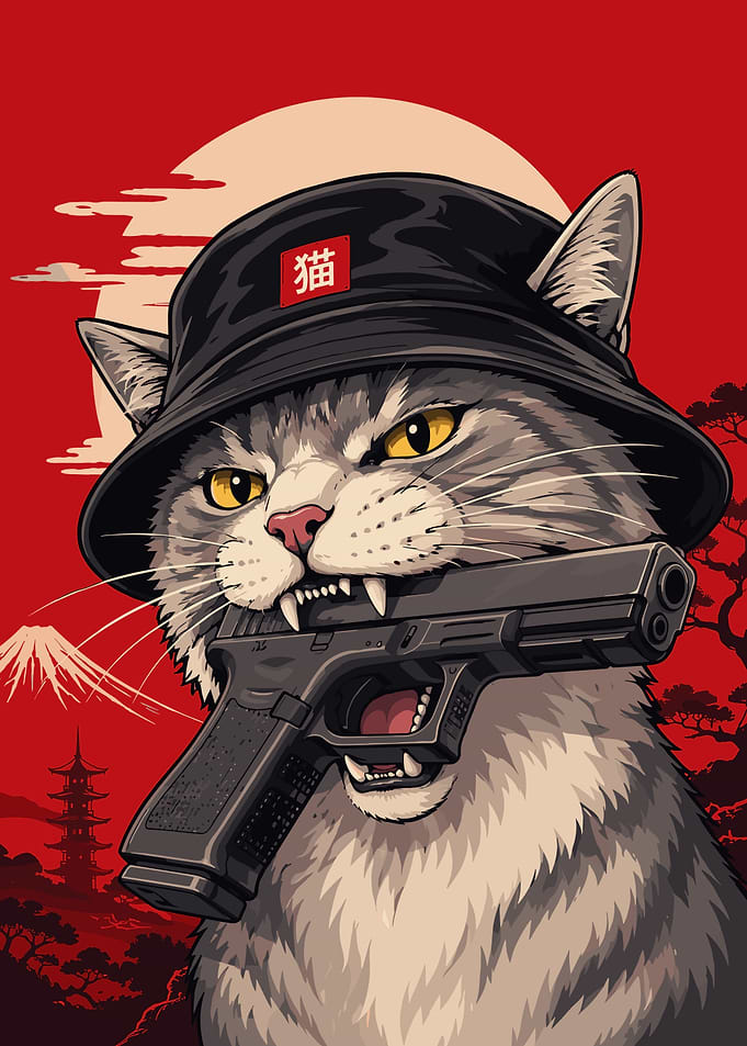 Tough Cat with Gun and Hat