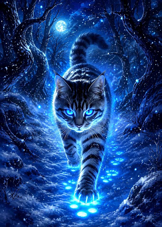 Glowing Magical Cat in Winter Forest