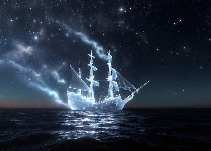 Ghost Ship Sailing Under Starry Sky