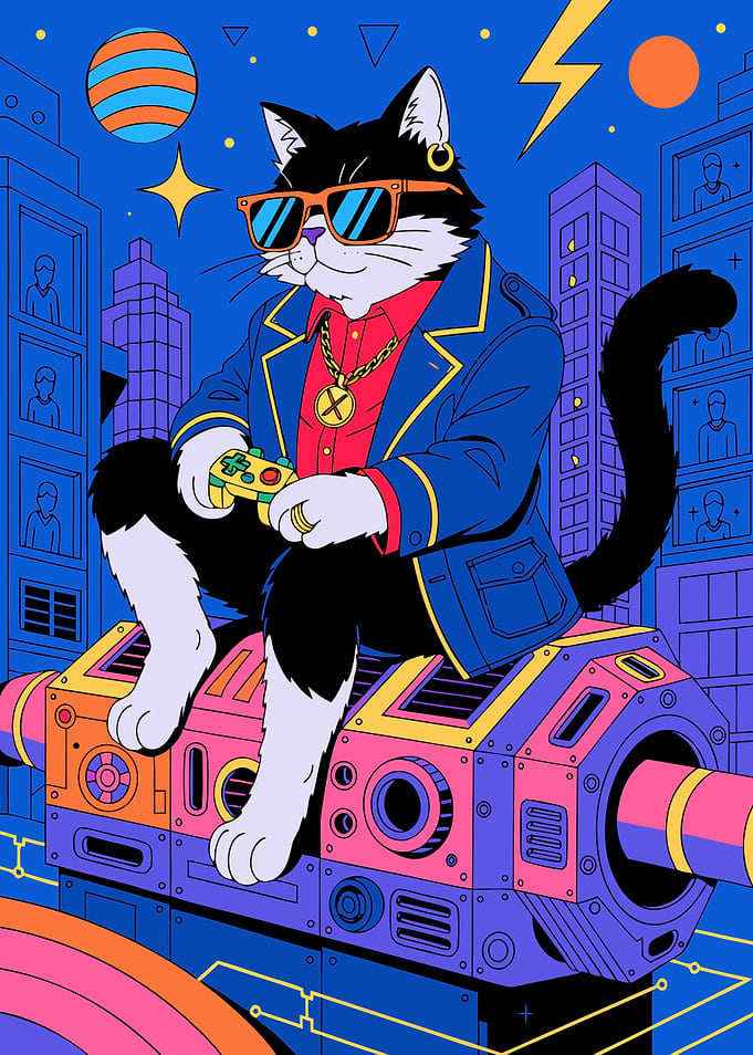 Cool Gamer Cat in Cyberpunk City