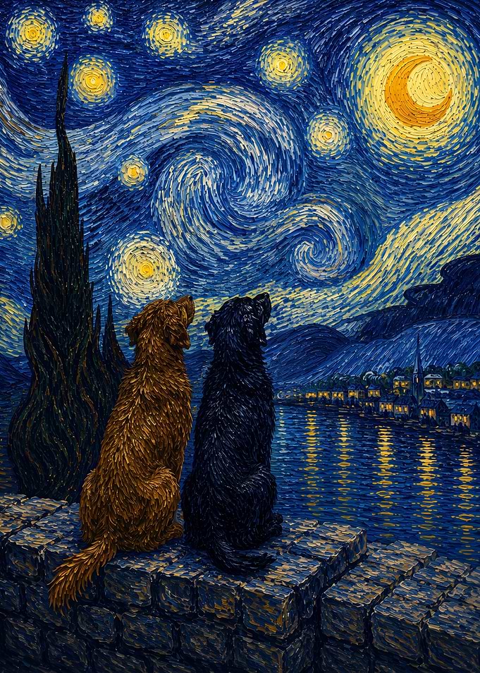 Two Dogs Watching Starry Night