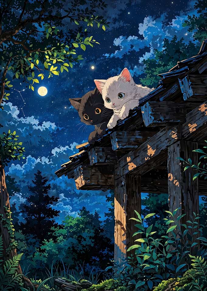 Two Kittens Watching the Night Sky