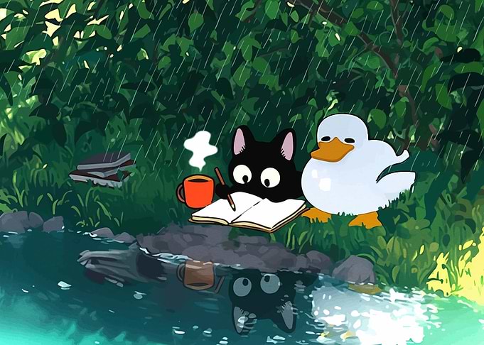 Cute Cat and Duck Studying Outdoors