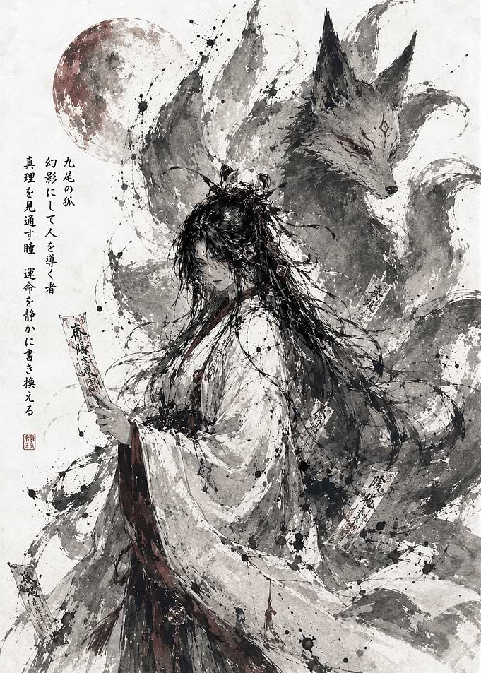 Nine-Tailed Fox Spirit and Priestess Female Onmyoji