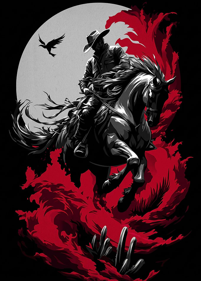 Cowboy Riding Horse Under Moon