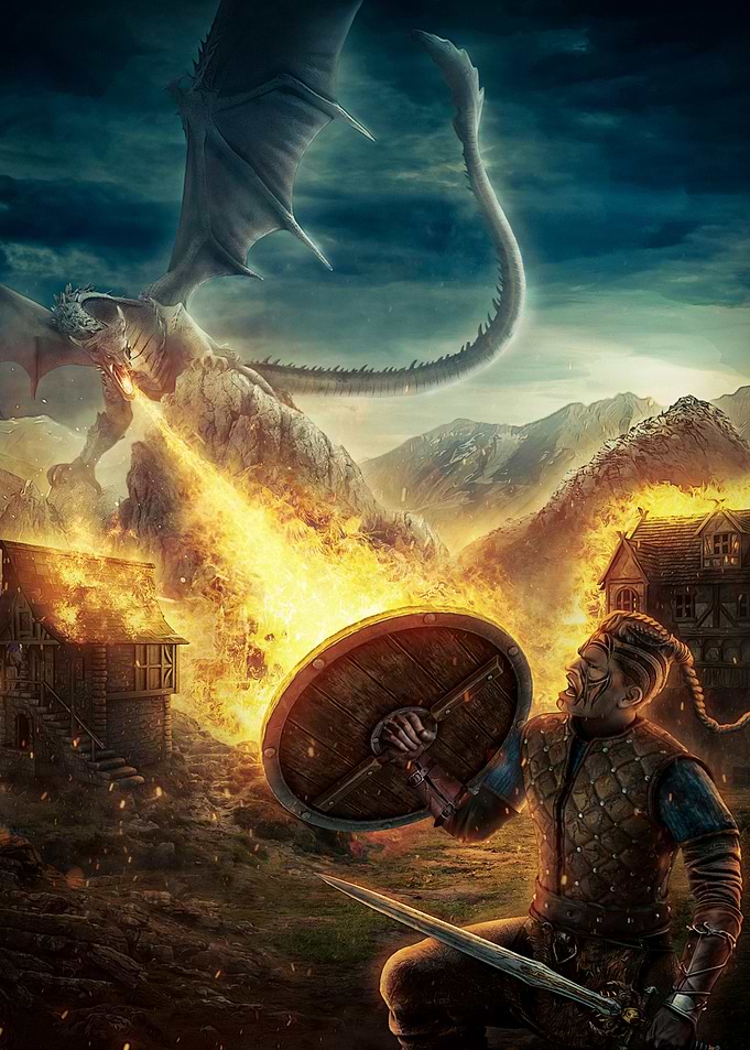 Viking Warrior Defending Against Dragon Fire