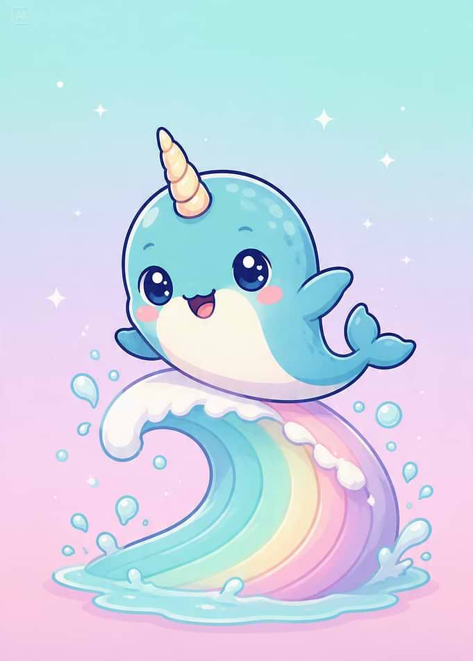 Cute Narwhal Riding a Rainbow Wave