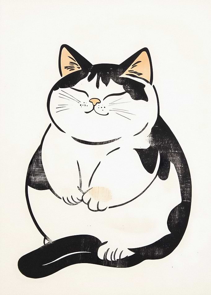 Chubby Black and White Cat Illustration