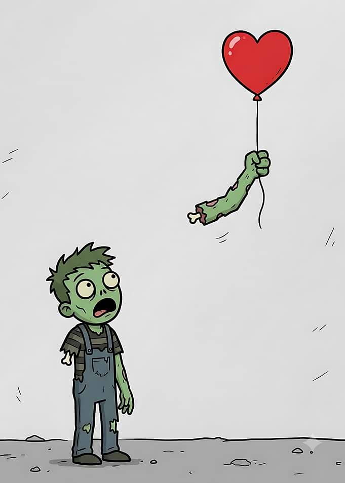 Zombie Boy and Floating Heart Balloon