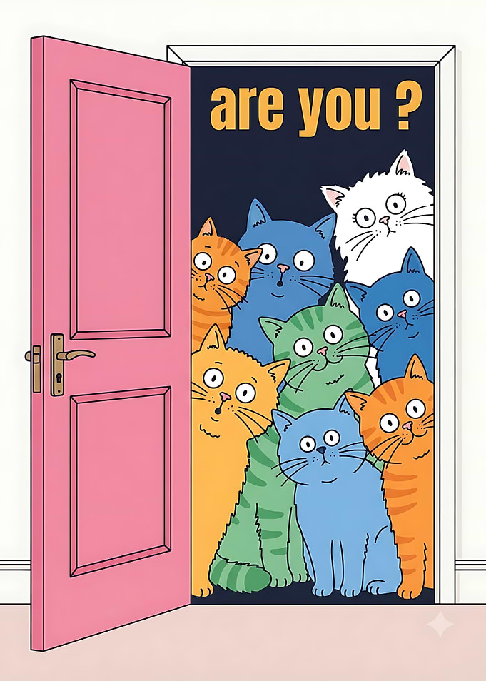 Cats Peeking Through Open Door