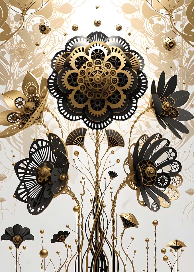 Mechanical Floral Mandala — Gold & Black Gear Flowers Digital Illustration