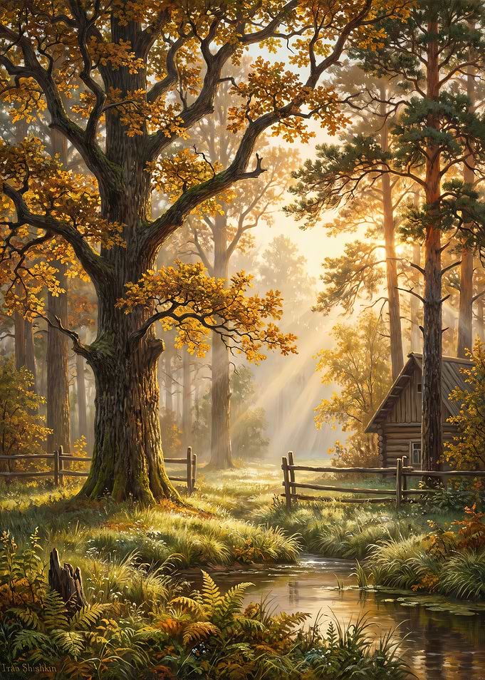 Golden Autumn Forest Cabin Landscape
