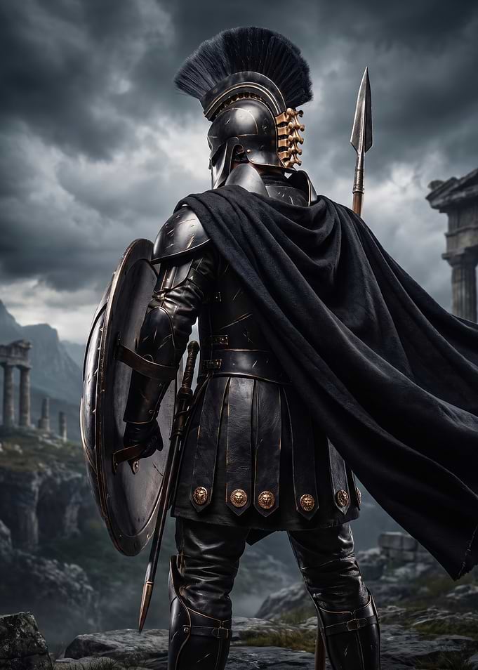 Dark Spartan Warrior in Ancient Ruins