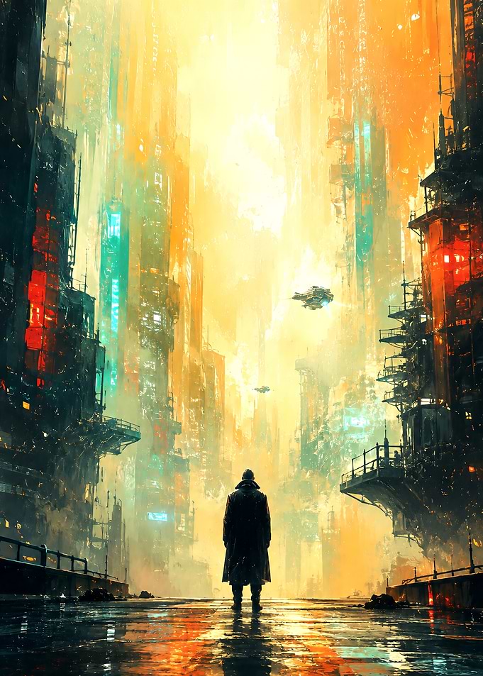 Lone Figure in Dystopian Cityscape