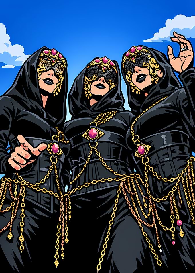 Three Mysterious Figures in Ornate Attire